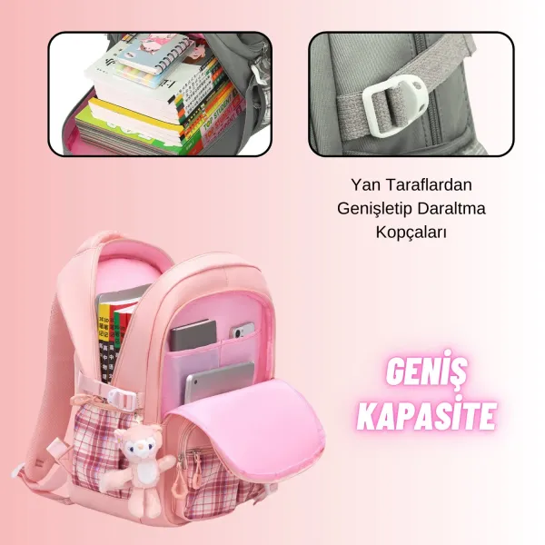 Kız Çocuk Okul Sırt Çantası Ergonomik Özel Tasarım Çok Bölmeli Geniş Kapasite Okul Çantası