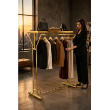 Elbise Askı Stand Gold Renk Kaplama Çift Yönlü Butik Orta Standı ve Askısı