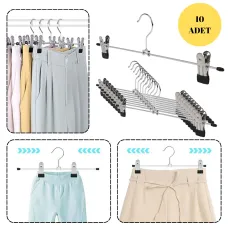 Metal Etek Pantolon Askısı Hareketli Mandallı Paslanmaz Metal Mağaza ve Ev Tipi Elbise Askısı 10 Adet