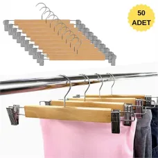 Ahşap Etek Pantolon Askısı Mandallı Lüks Elbise Askılık Vernikli NATUREL 50 Adet