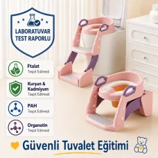 Çocuk Tuvalet Eğitimi Katlanır Klozet Adaptörü Ve Lazımlık Merdivenli Tuvalet Eğitici PEMBE