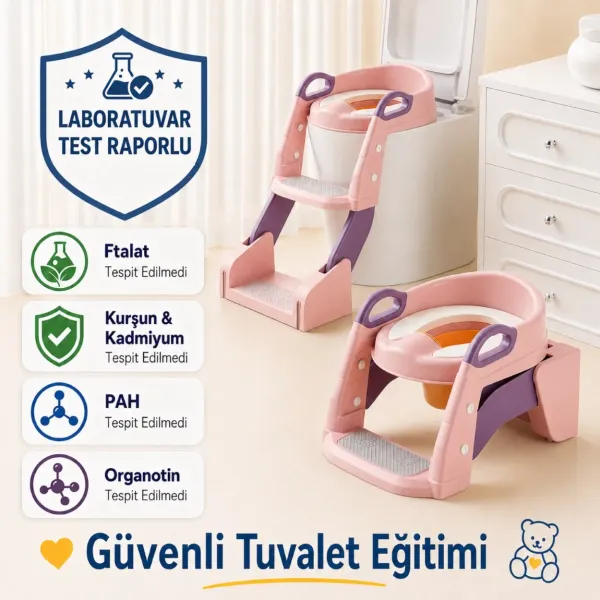 Çocuk Tuvalet Eğitimi Katlanır Klozet Adaptörü Ve Lazımlık Merdivenli Tuvalet Eğitici PEMBE