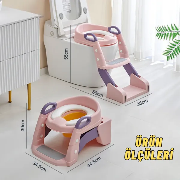 Çocuk Tuvalet Eğitimi Katlanır Klozet Adaptörü Ve Lazımlık Merdivenli Tuvalet Eğitici PEMBE
