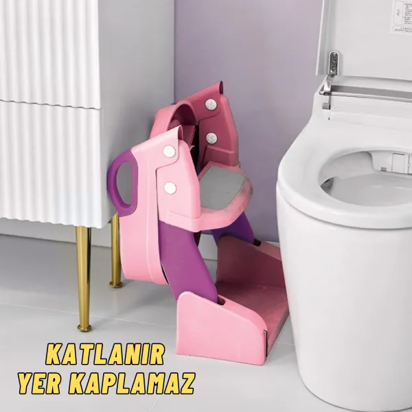 Çocuk Tuvalet Eğitimi Katlanır Klozet Adaptörü Ve Lazımlık Merdivenli Tuvalet Eğitici PEMBE