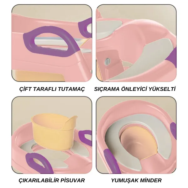 Çocuk Tuvalet Eğitimi Katlanır Klozet Adaptörü Ve Lazımlık Merdivenli Tuvalet Eğitici PEMBE