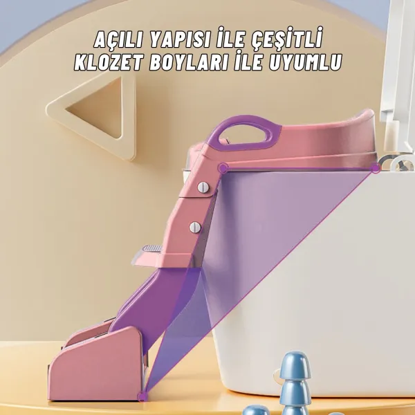 Çocuk Tuvalet Eğitimi Katlanır Klozet Adaptörü Ve Lazımlık Merdivenli Tuvalet Eğitici PEMBE