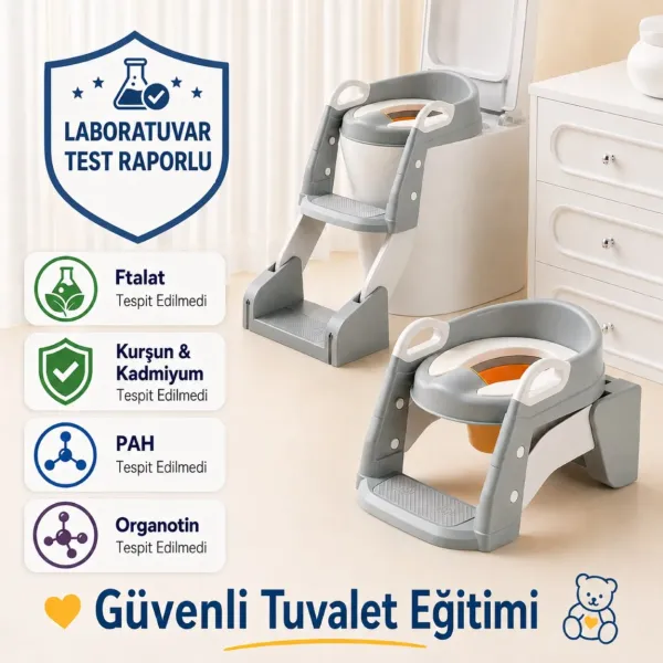 Çocuk Tuvalet Eğitimi Katlanır Klozet Adaptörü Ve Lazımlık Merdivenli Tuvalet Eğitici GRİ