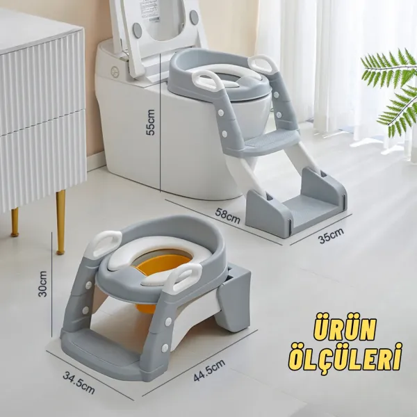 Çocuk Tuvalet Eğitimi Katlanır Klozet Adaptörü Ve Lazımlık Merdivenli Tuvalet Eğitici GRİ