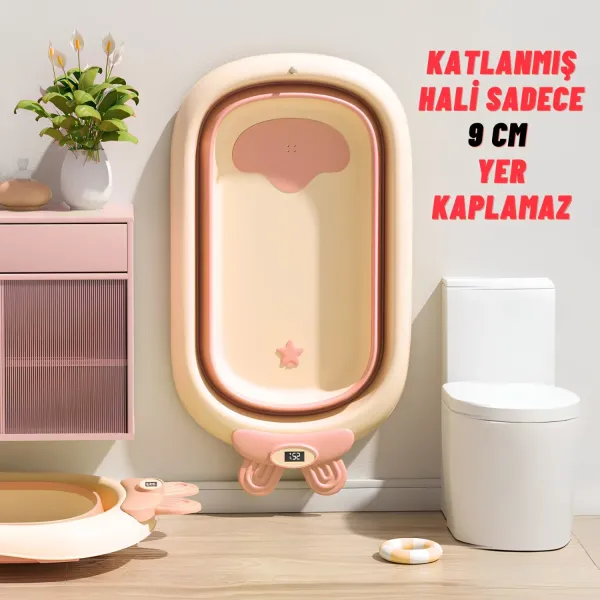 Katlanabilir Termometreli Bebek Küveti Ve Filesi Yazlık Bebek Havuzu PEMBE