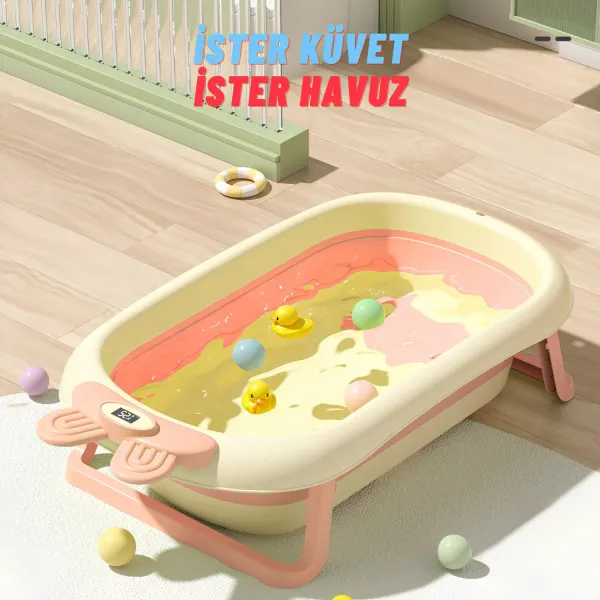 Katlanabilir Termometreli Bebek Küveti Ve Filesi Yazlık Bebek Havuzu PEMBE