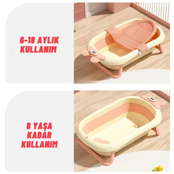 Katlanabilir Termometreli Bebek Küveti Ve Filesi Yazlık Bebek Havuzu PEMBE