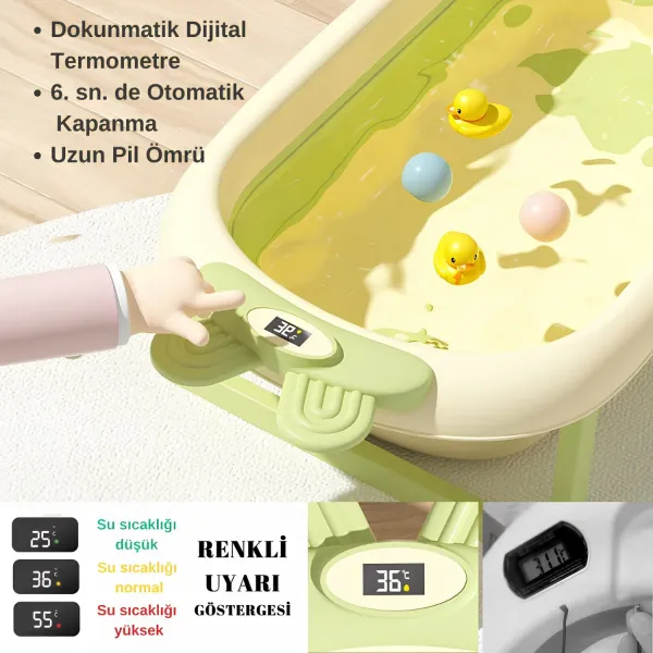 Katlanabilir Termometreli Bebek Küveti Ve Filesi Yazlık Bebek Havuzu YEŞİL