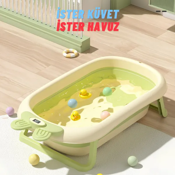 Katlanabilir Termometreli Bebek Küveti Ve Filesi Yazlık Bebek Havuzu YEŞİL