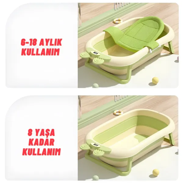 Katlanabilir Termometreli Bebek Küveti Ve Filesi Yazlık Bebek Havuzu YEŞİL