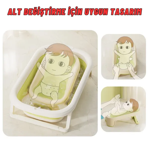 Katlanabilir Silikon Bebek Besleme ve Yıkama Banyo Oturağı Alt Değiştirme Sehpası Yeşil
