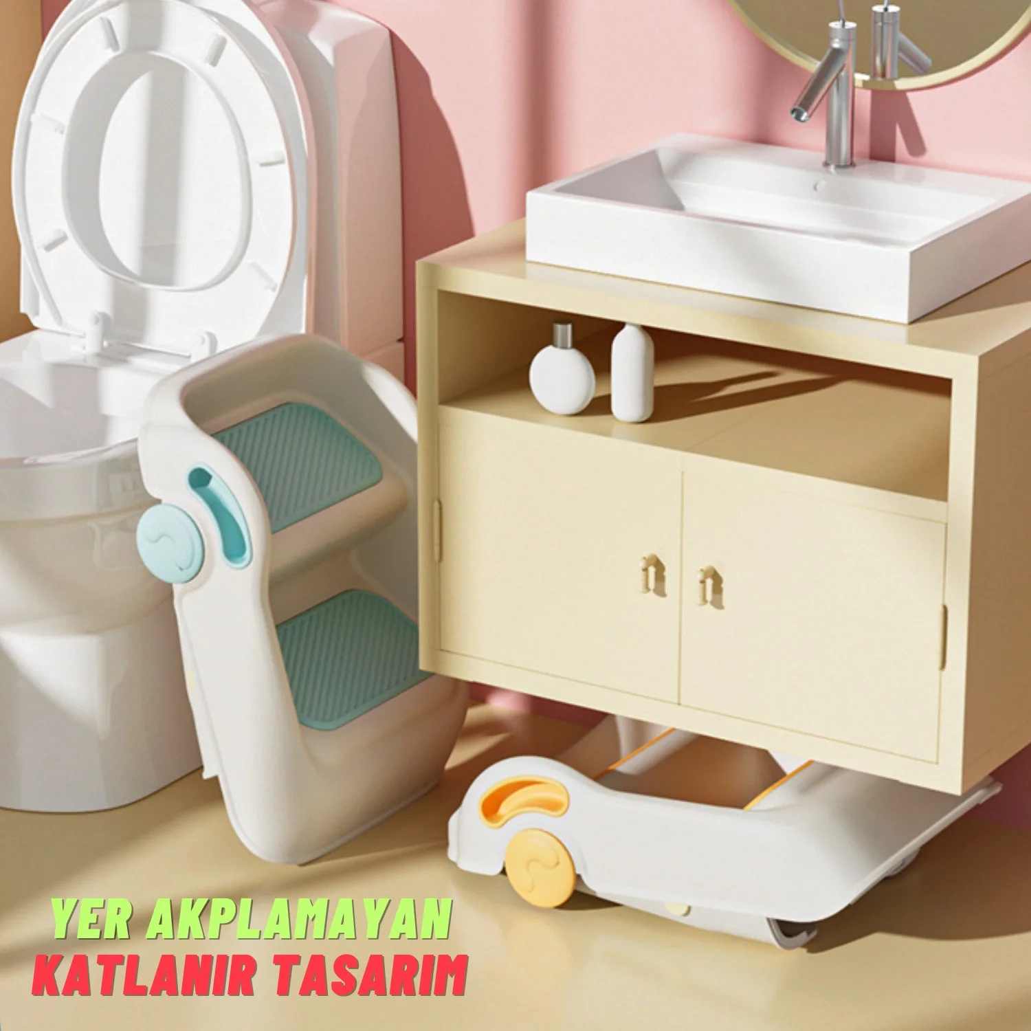 Çocuk Taburesi Katlanabilir Kaymaz İki Basamaklı Merdiven Çocuk Banyo Tuvalet Lavabo Yükseltici Pembe - görsel 4