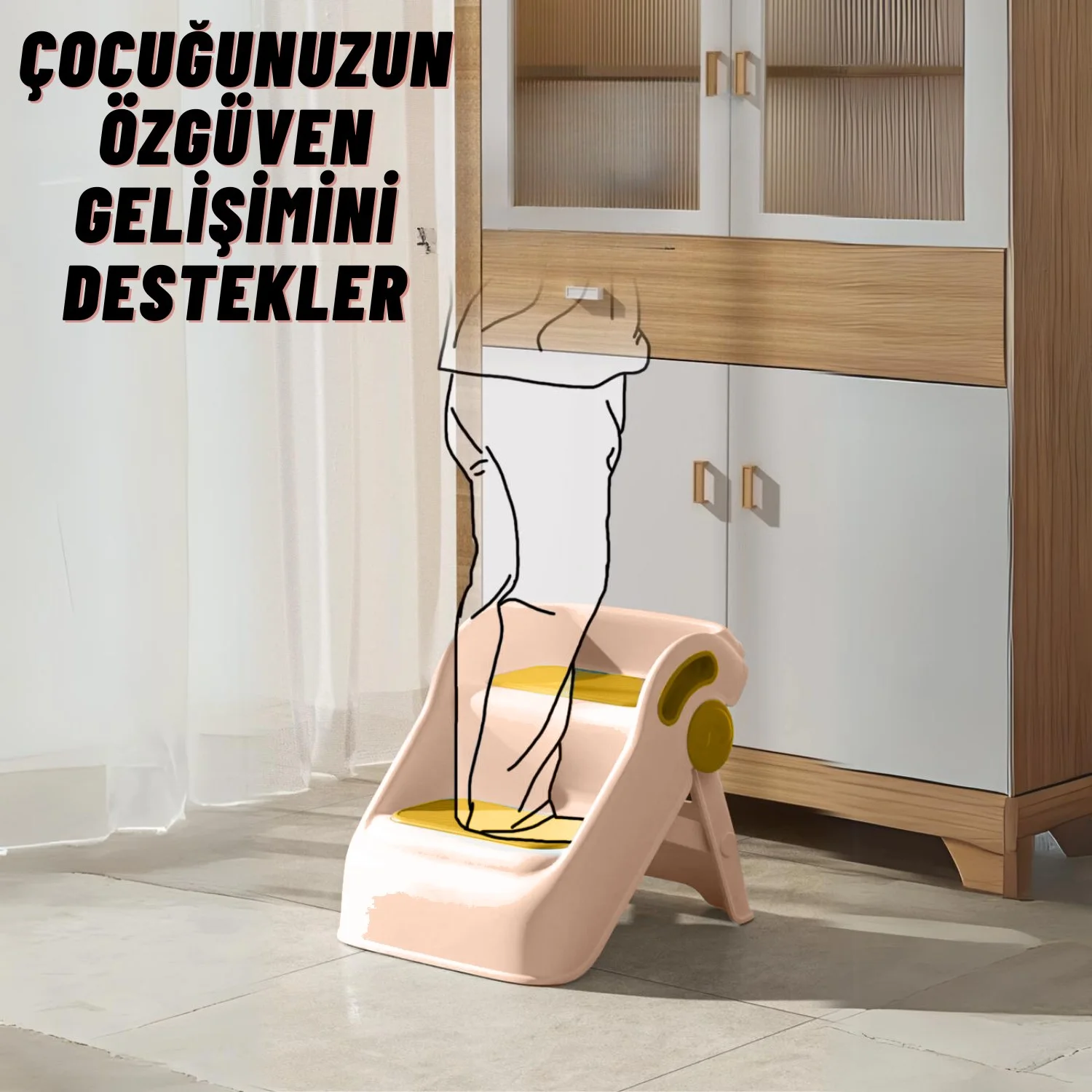 Çocuk Taburesi Katlanabilir Kaymaz İki Basamaklı Merdiven Çocuk Banyo Tuvalet Lavabo Yükseltici Pembe - görsel 5