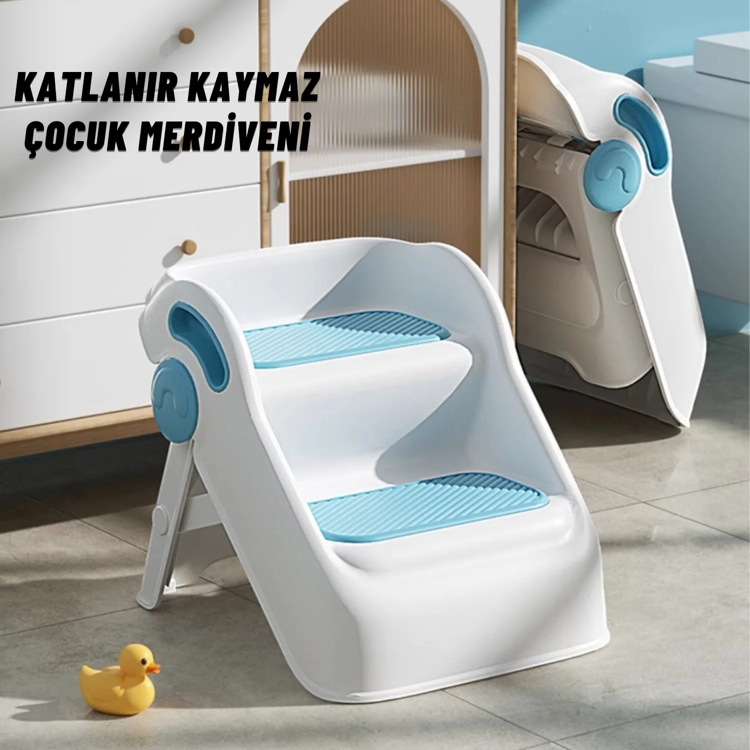 Çocuk Taburesi Katlanabilir Kaymaz İki Basamaklı Merdiven Çocuk Banyo Tuvalet Lavabo Yükseltici Mavi