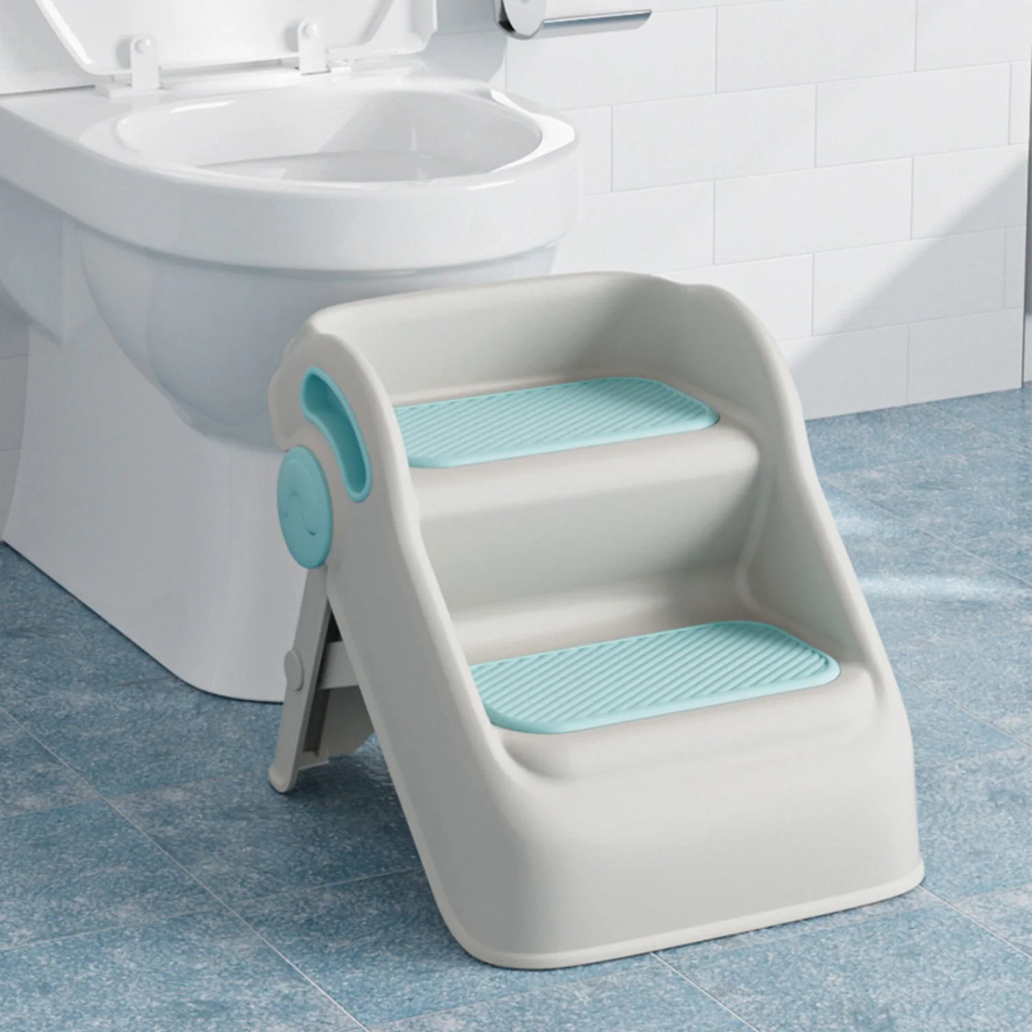 Çocuk Taburesi Katlanabilir Kaymaz İki Basamaklı Merdiven Çocuk Banyo Tuvalet Lavabo Yükseltici Mavi - görsel 2
