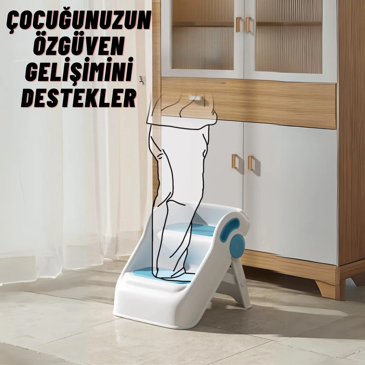 Çocuk Taburesi Katlanabilir Kaymaz İki Basamaklı Merdiven Çocuk Banyo Tuvalet Lavabo Yükseltici Mavi - görsel 5