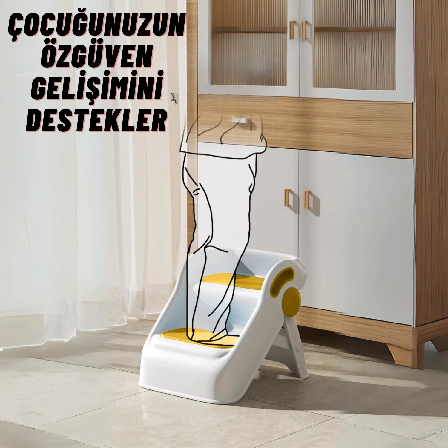 Çocuk Taburesi Katlanabilir Kaymaz İki Basamaklı Merdiven Çocuk Banyo Tuvalet Lavabo Yükseltici Sarı - görsel 5