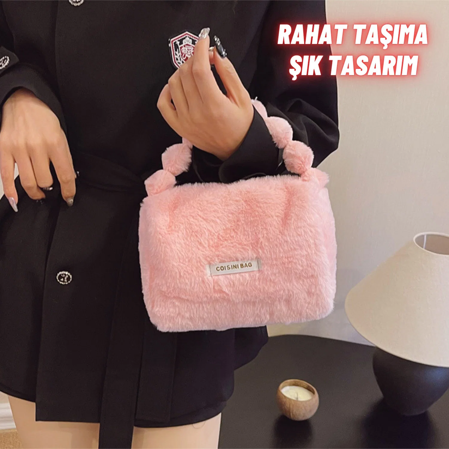 Peluş Makyaj Kozmetik Bakım Malzemesi Çantası ve Kürklü Seyahat Organizer Çanta - görsel 3