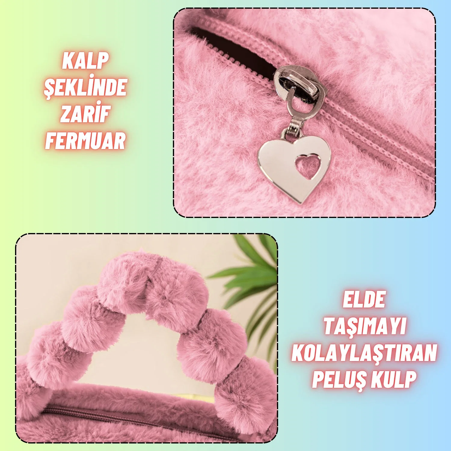 Peluş Makyaj Kozmetik Bakım Malzemesi Çantası ve Kürklü Seyahat Organizer Çanta - görsel 6