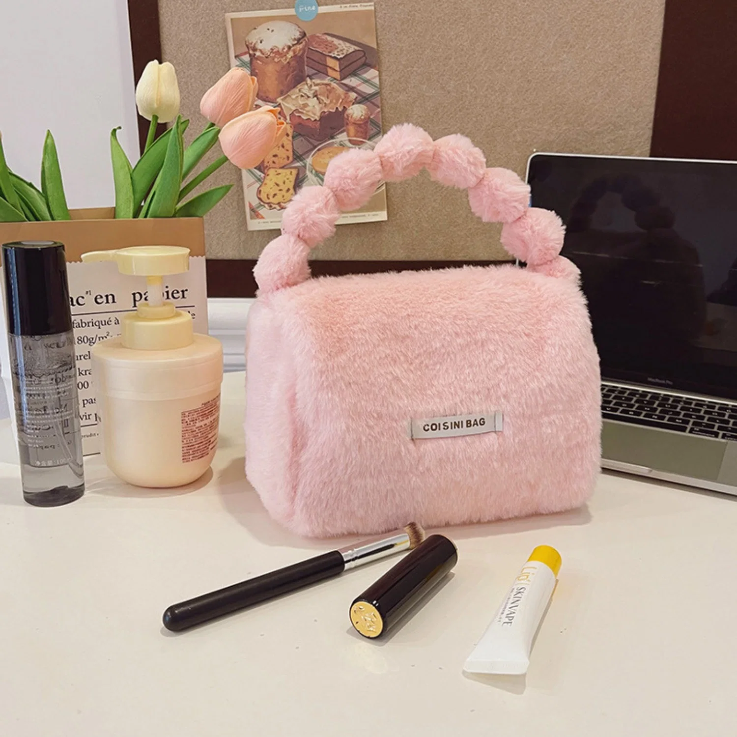 Peluş Makyaj Kozmetik Bakım Malzemesi Çantası ve Kürklü Seyahat Organizer Çanta - görsel 7