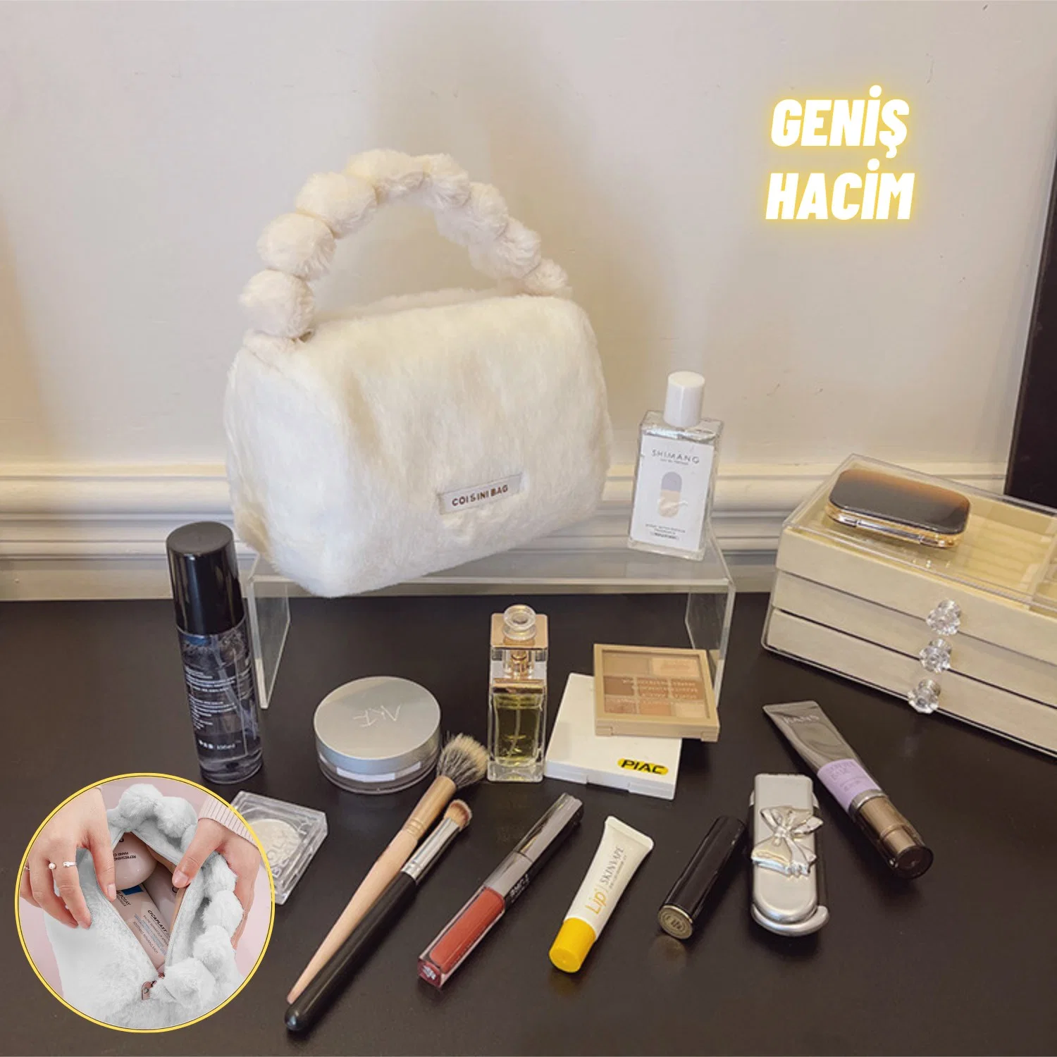 Peluş Makyaj Kozmetik Bakım Malzemesi Çantası ve Kürklü Seyahat Organizer Çanta - görsel 2
