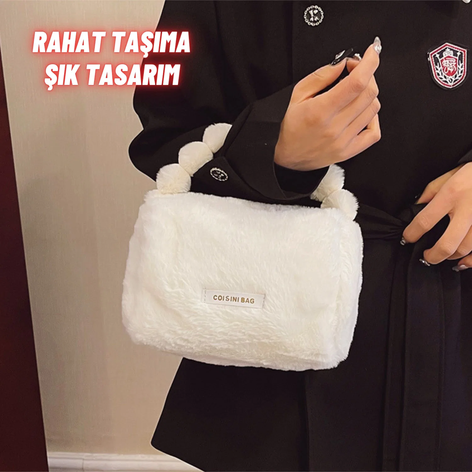 Peluş Makyaj Kozmetik Bakım Malzemesi Çantası ve Kürklü Seyahat Organizer Çanta - görsel 3