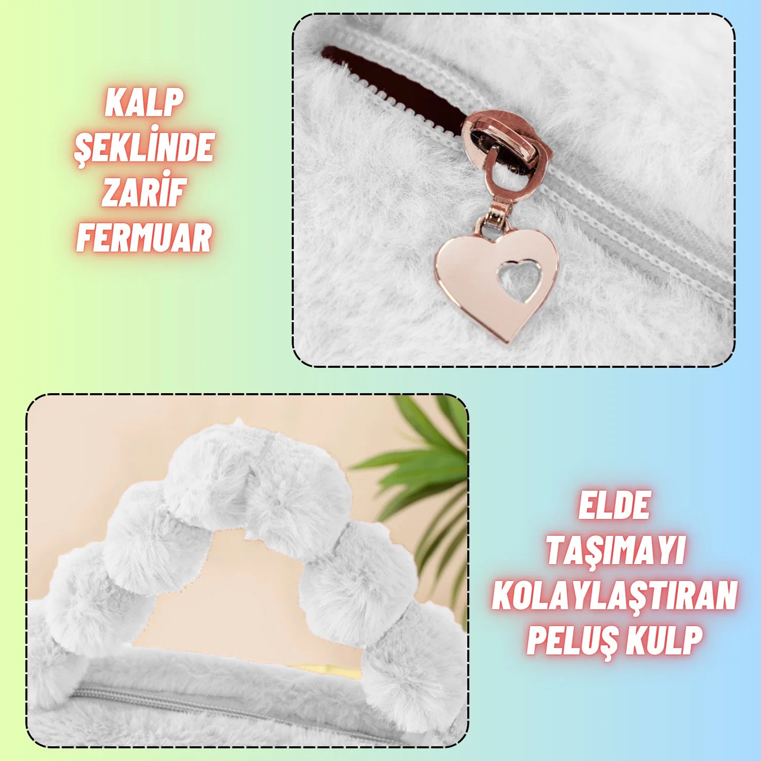 Peluş Makyaj Kozmetik Bakım Malzemesi Çantası ve Kürklü Seyahat Organizer Çanta - görsel 6