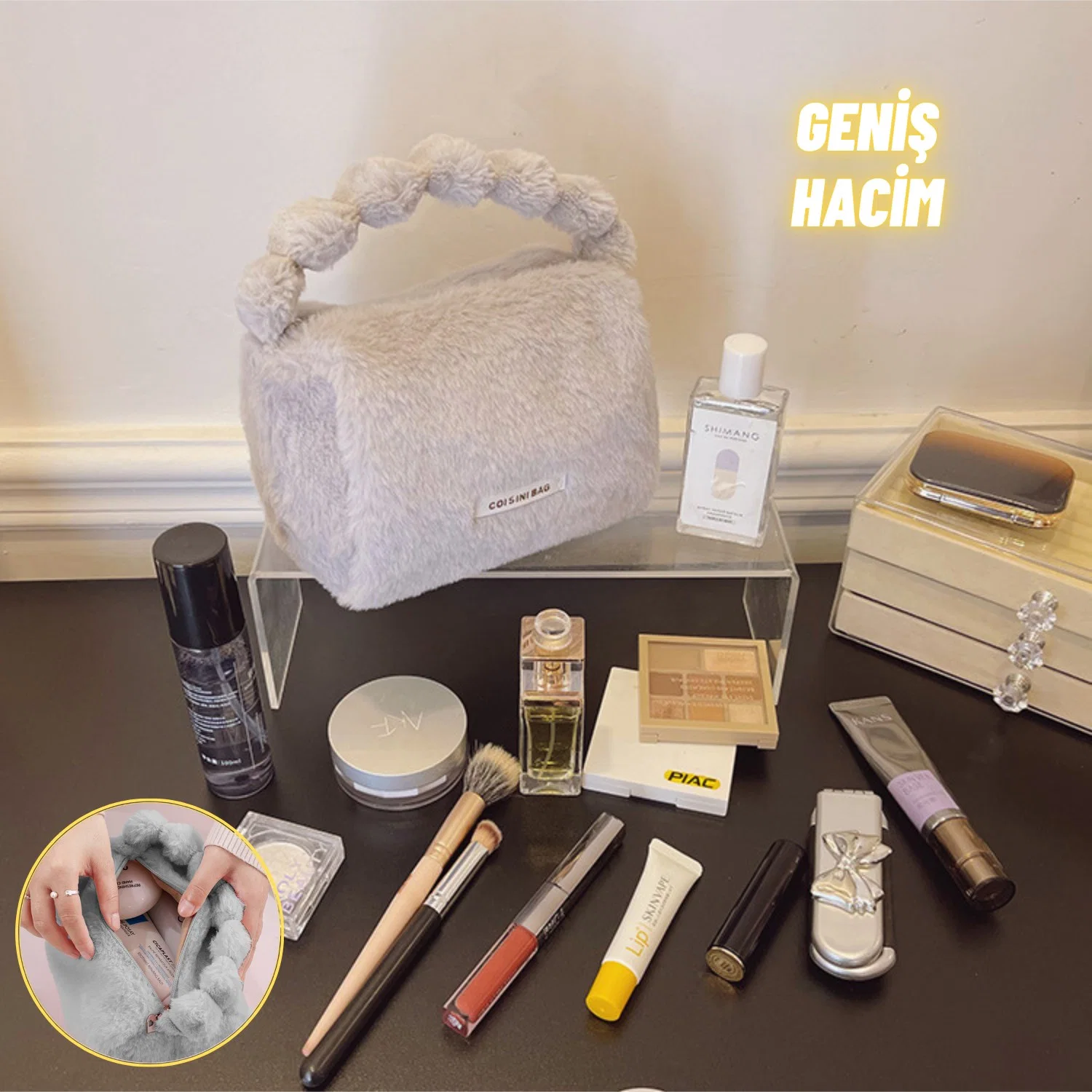 Peluş Makyaj Kozmetik Bakım Malzemesi Çantası ve Kürklü Seyahat Organizer Çanta - görsel 2
