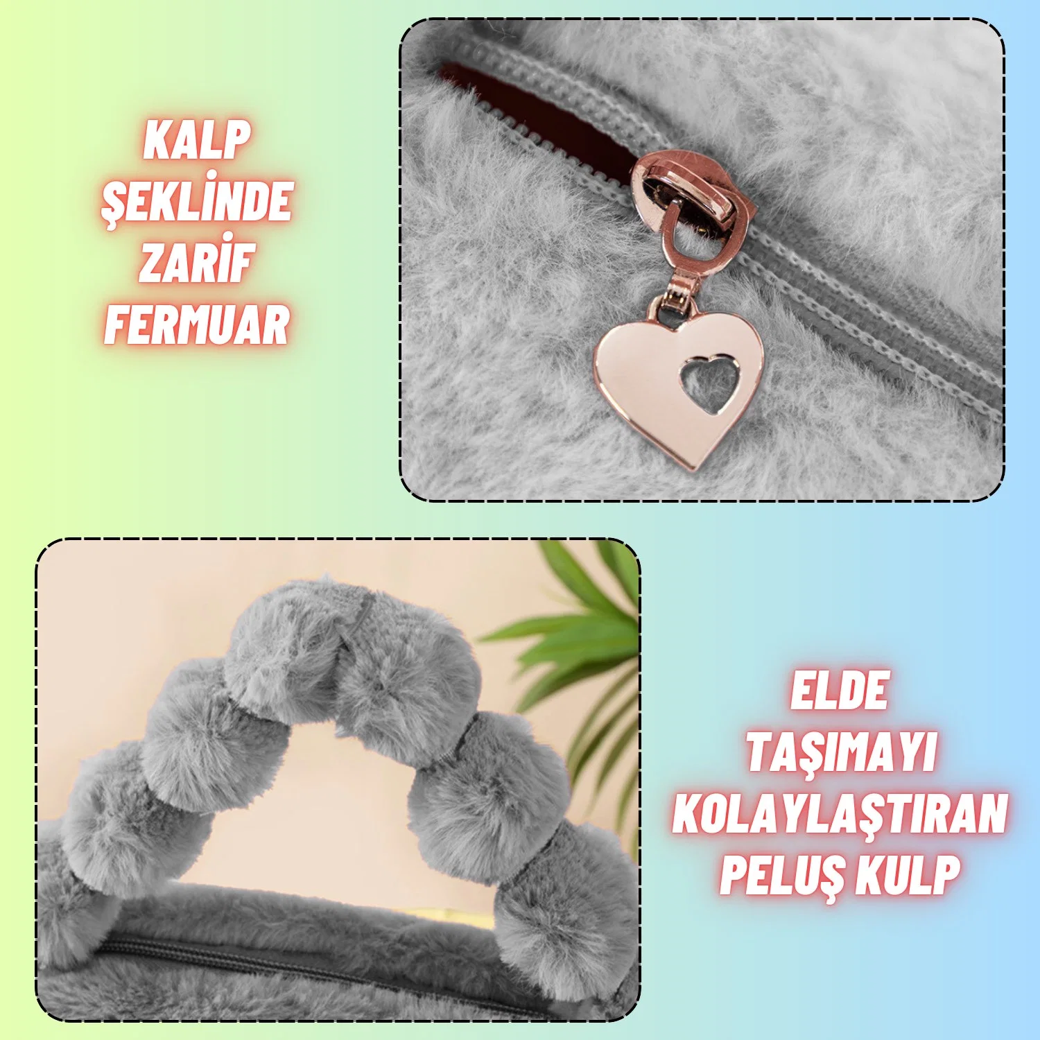 Peluş Makyaj Kozmetik Bakım Malzemesi Çantası ve Kürklü Seyahat Organizer Çanta - görsel 6