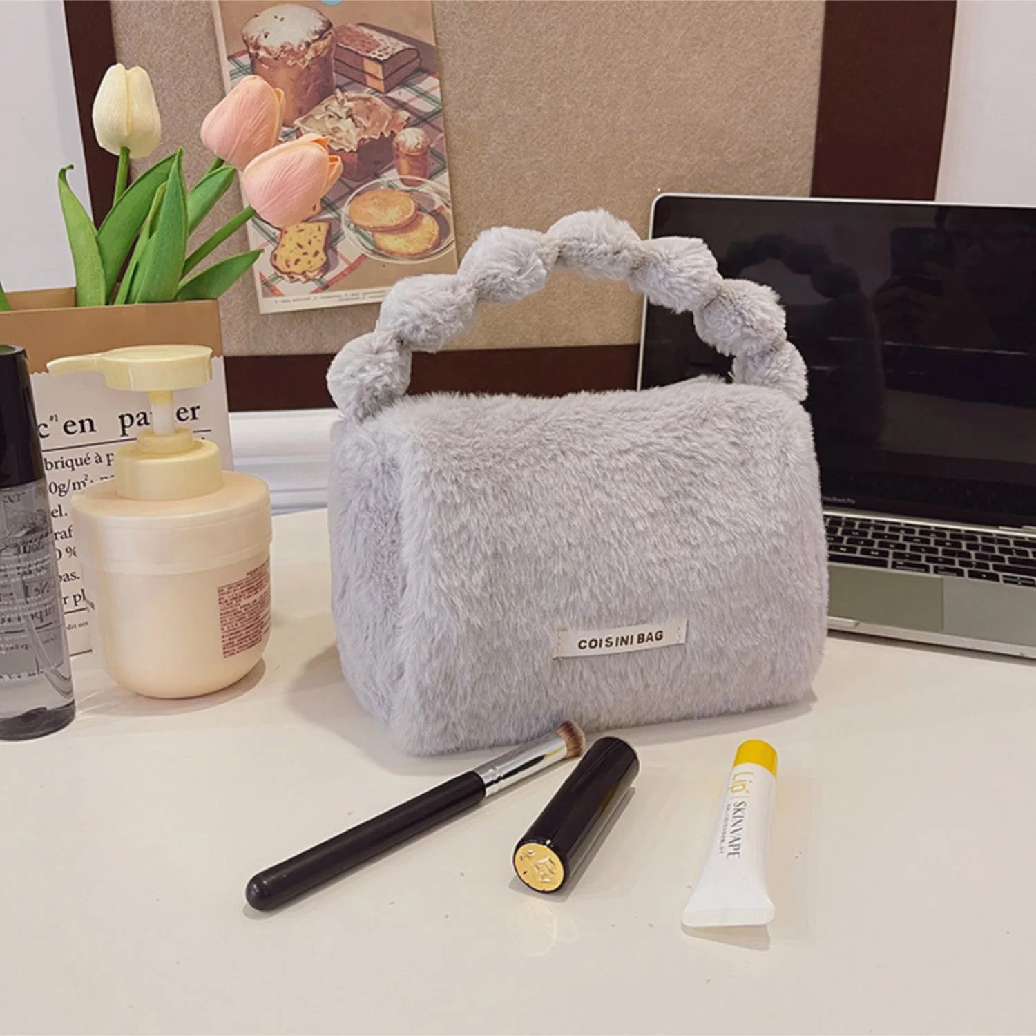 Peluş Makyaj Kozmetik Bakım Malzemesi Çantası ve Kürklü Seyahat Organizer Çanta - görsel 7