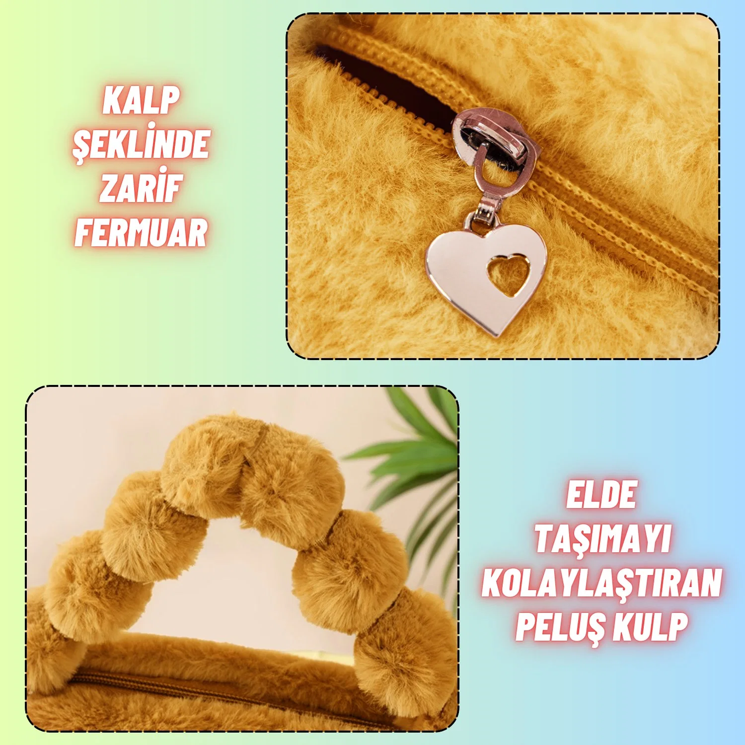 Peluş Makyaj Kozmetik Bakım Malzemesi Çantası ve Kürklü Seyahat Organizer Çanta - görsel 6