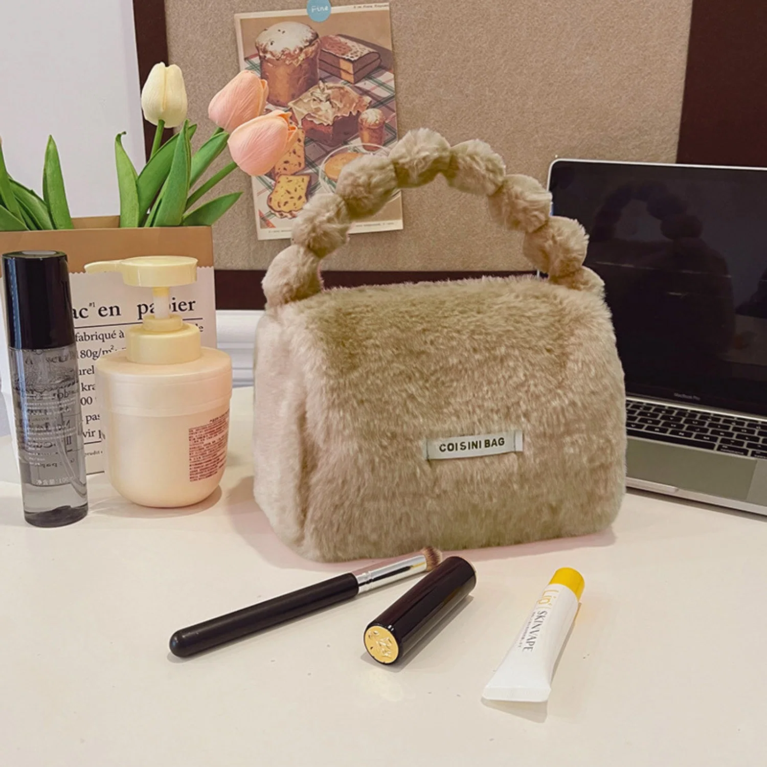 Peluş Makyaj Kozmetik Bakım Malzemesi Çantası ve Kürklü Seyahat Organizer Çanta - görsel 7