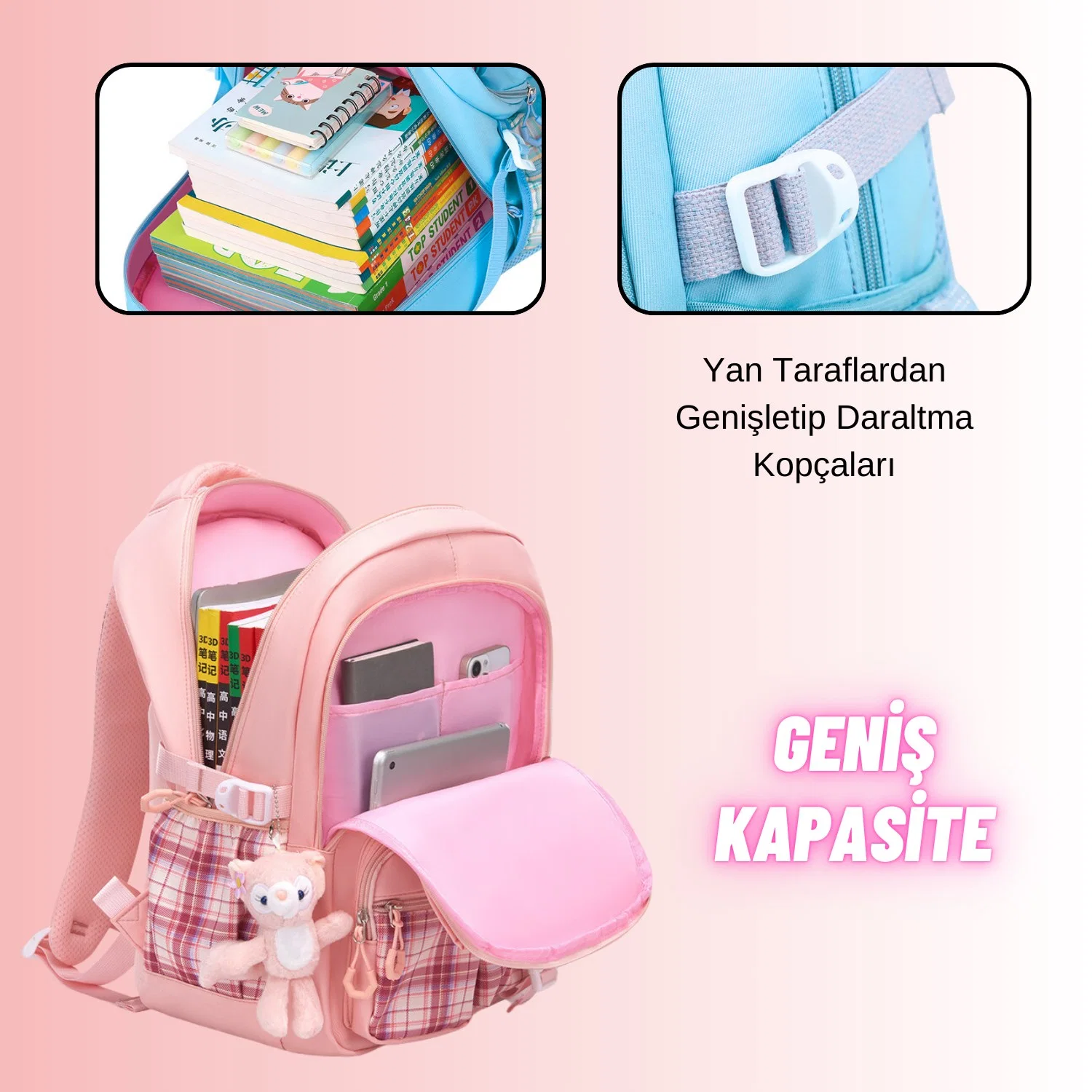 Kız Çocuk Okul Sırt Çantası Ergonomik Özel Tasarım Çok Bölmeli Geniş Kapasite Okul Çantası - görsel 6