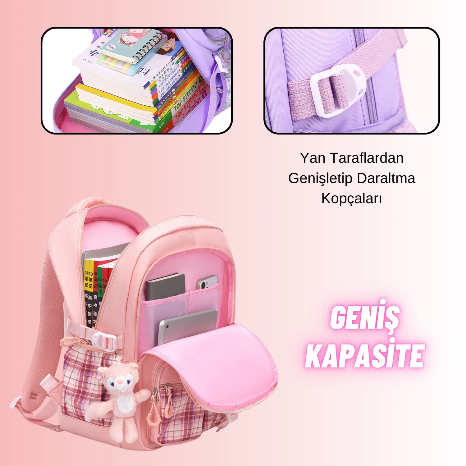 Kız Çocuk Okul Sırt Çantası Ergonomik Özel Tasarım Çok Bölmeli Geniş Kapasite Okul Çantası - görsel 6
