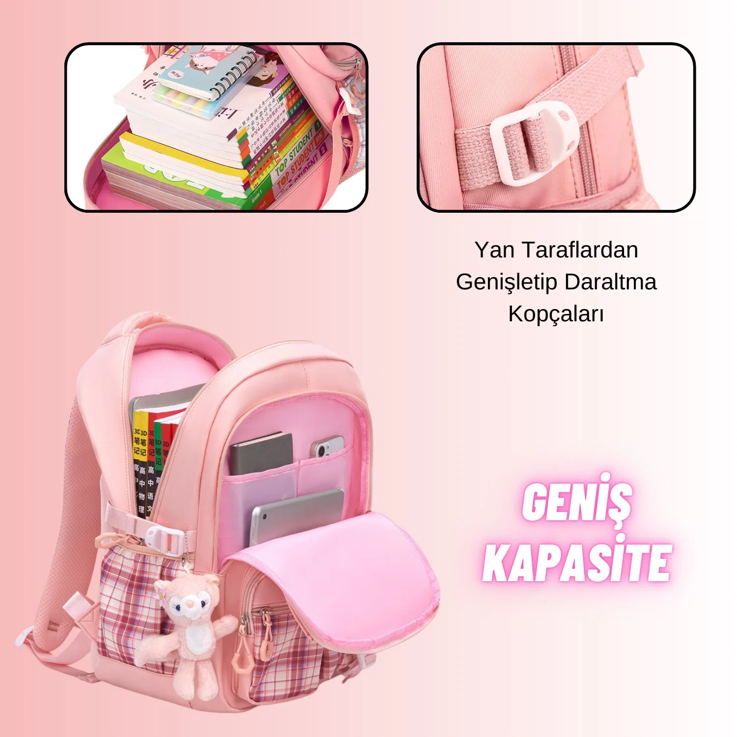 Kız Çocuk Okul Sırt Çantası Ergonomik Özel Tasarım Çok Bölmeli Geniş Kapasite Okul Çantası - görsel 6