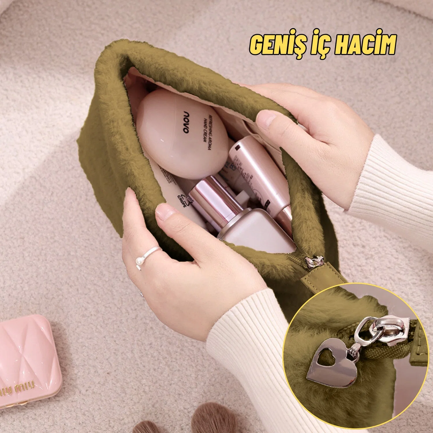 Peluş Makyaj ve Kozmetik Eşya Taşıma Çantası Geniş Hacimli Çanta Organizer - görsel 5