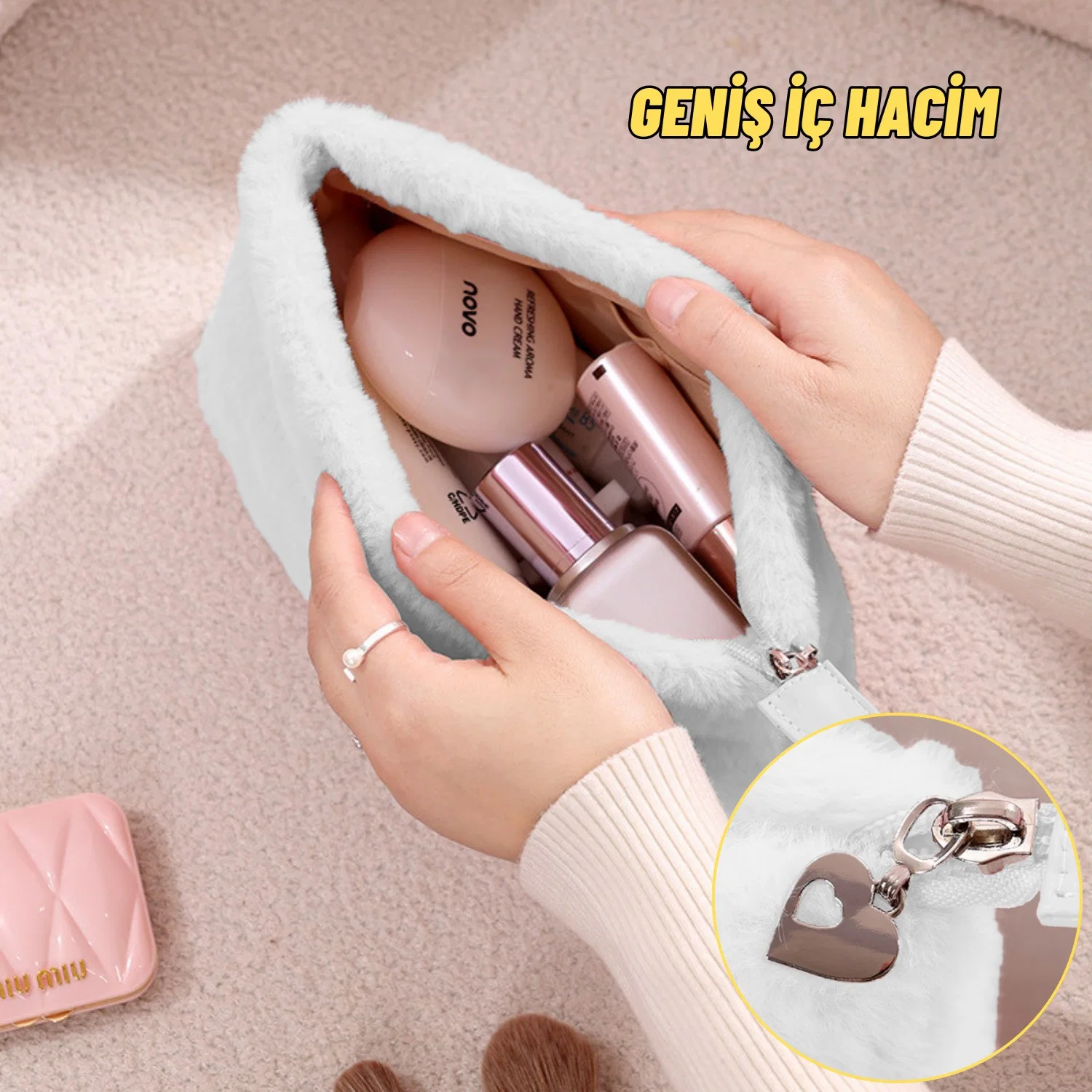Peluş Makyaj ve Kozmetik Eşya Taşıma Çantası Geniş Hacimli Çanta Organizer - görsel 5