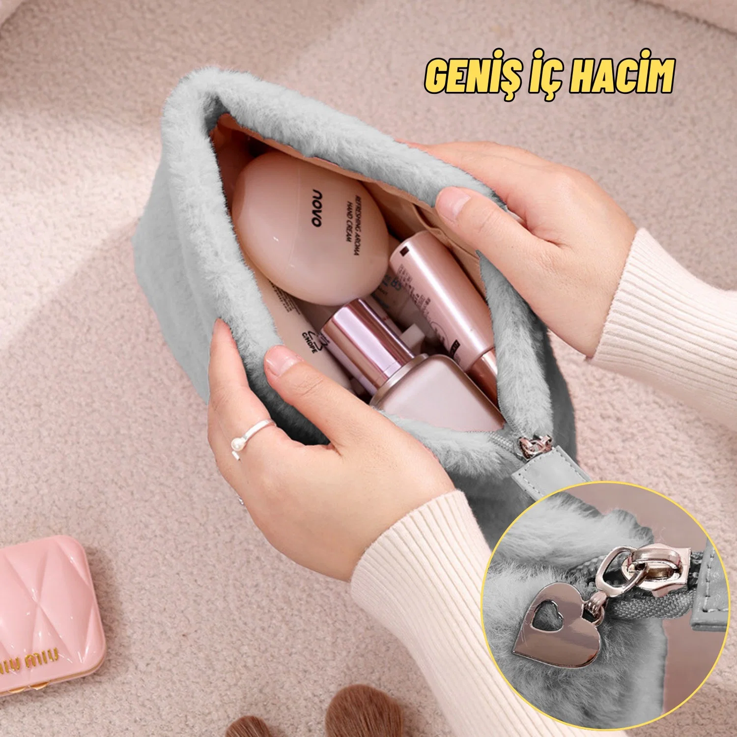 Peluş Makyaj ve Kozmetik Eşya Taşıma Çantası Geniş Hacimli Çanta Organizer - görsel 5