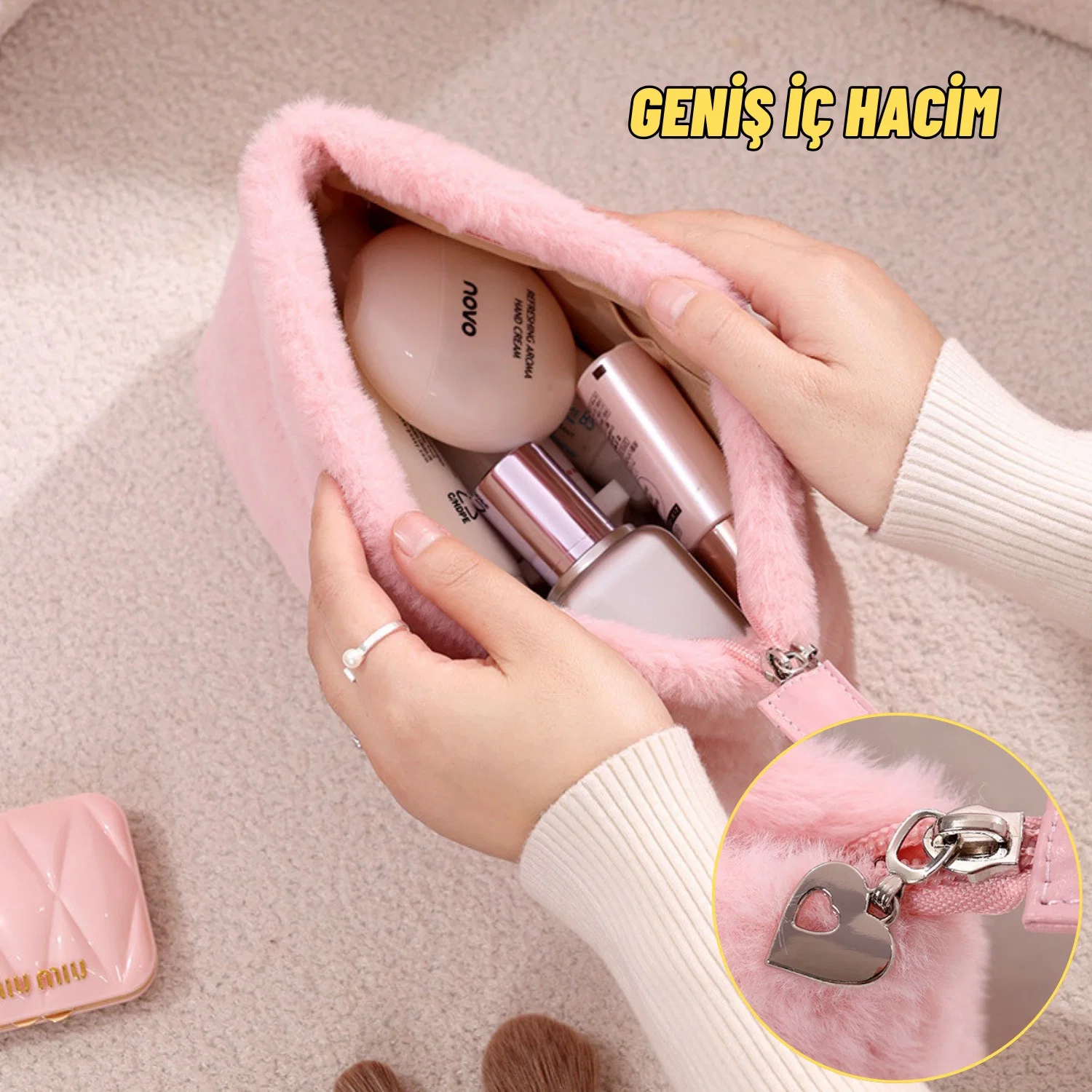 Peluş Makyaj ve Kozmetik Eşya Taşıma Çantası Geniş Hacimli Çanta Organizer - görsel 5