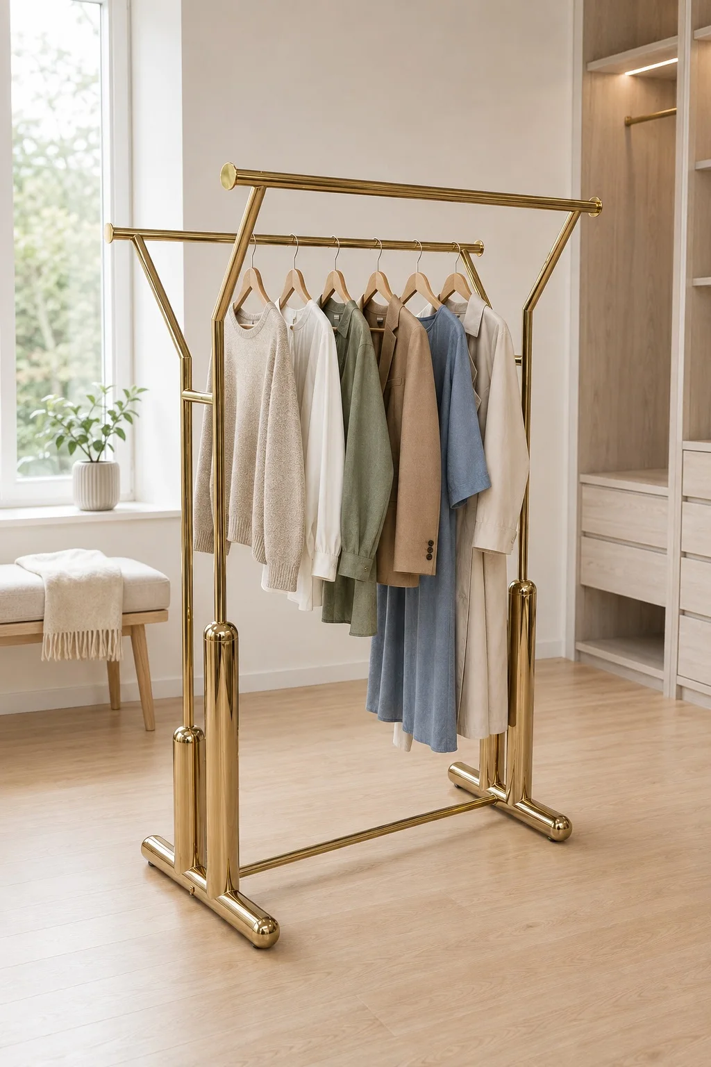 Elbise Askı Stand Gold Renk Kaplama Çift Yönlü Butik Orta Standı ve Askısı V Model - görsel 2