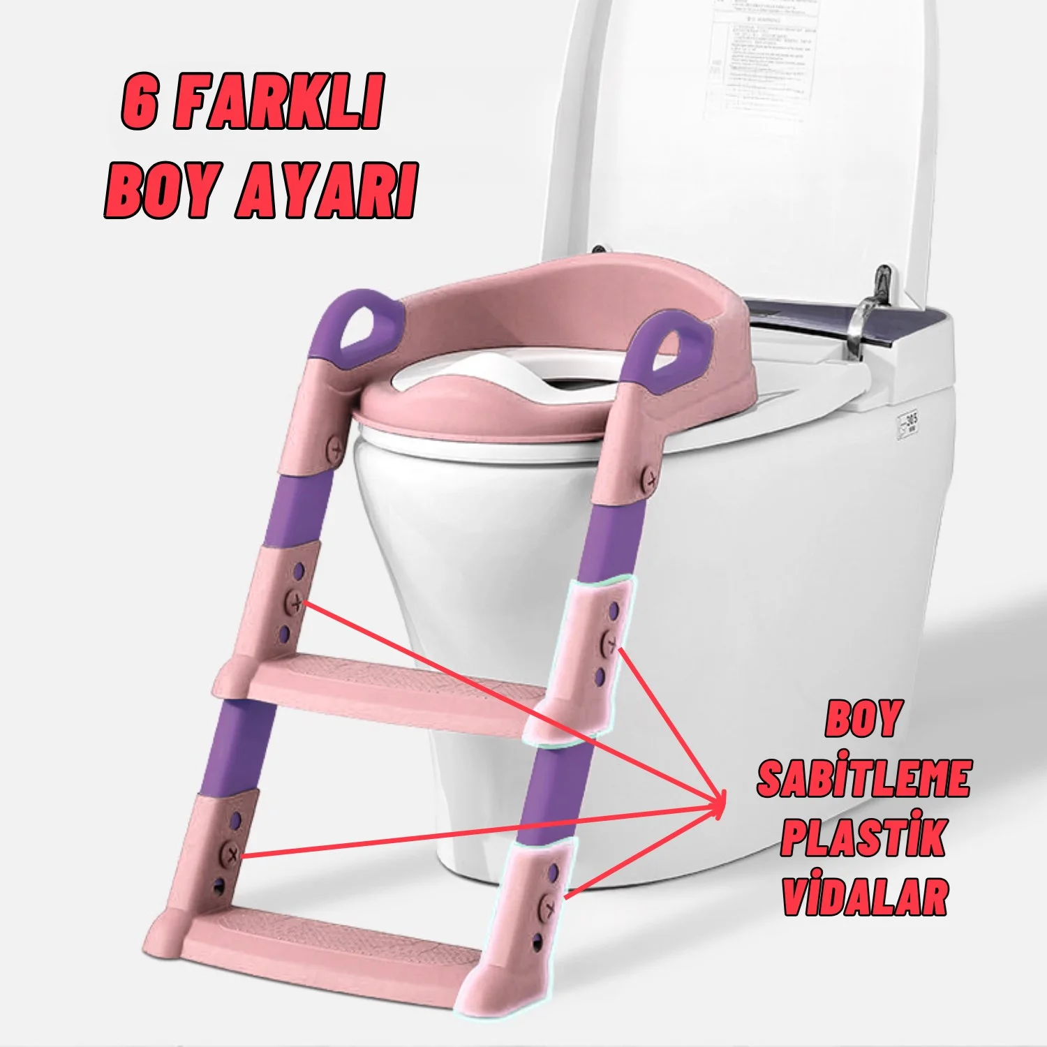 Çocuk Merdivenli Klozet Adaptörü Yükseklik Ayarlı Pratik Tuvalet Eğitici Klozet Oturak Pembe - görsel 6