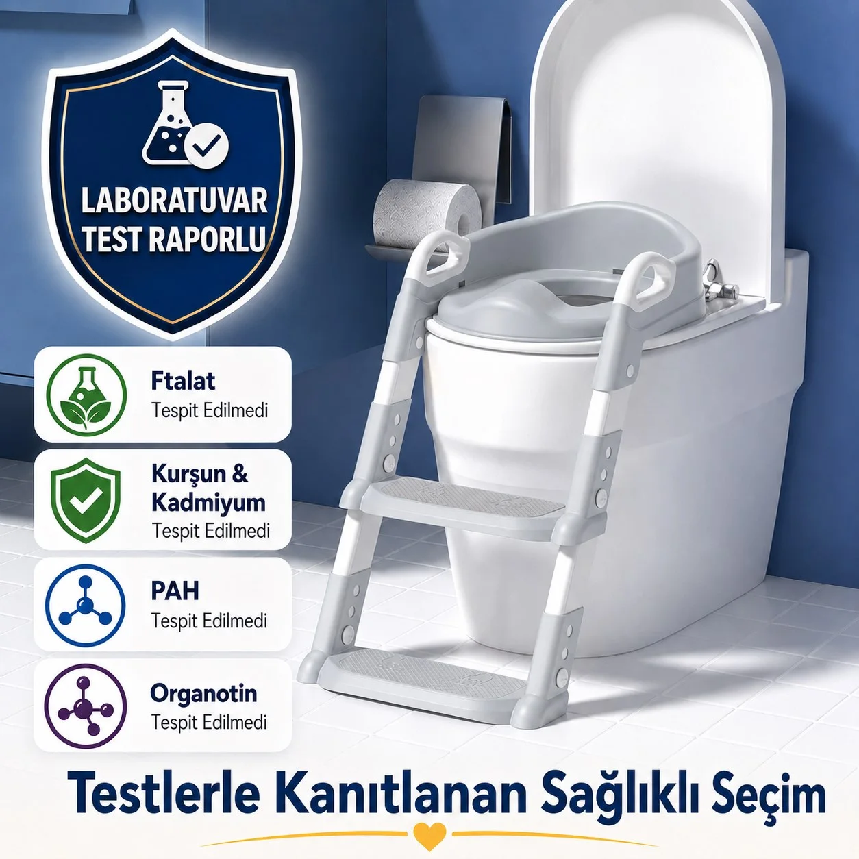 Çocuk Merdivenli Klozet Adaptörü Yükseklik Ayarlı Pratik Tuvalet Eğitici Klozet Oturak Gri