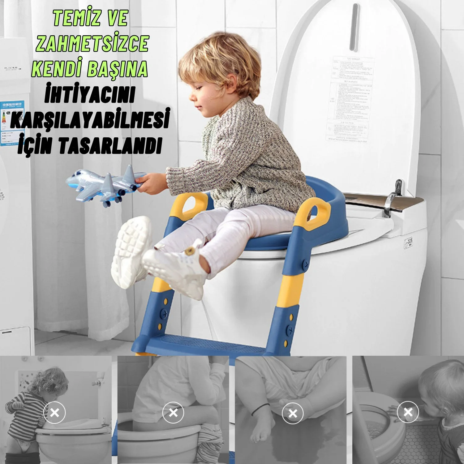 Çocuk Merdivenli Klozet Adaptörü Yükseklik Ayarlı Pratik Tuvalet Eğitici Klozet Oturak Mavi - görsel 3