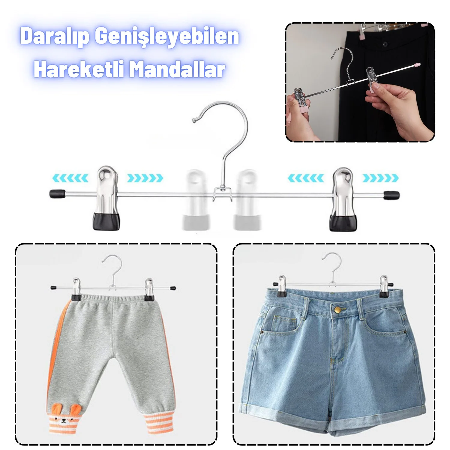Metal Etek Pantolon Askısı Hareketli Mandallı Paslanmaz Metal Mağaza ve Ev Tipi Elbise Askısı 10 Adet - görsel 2