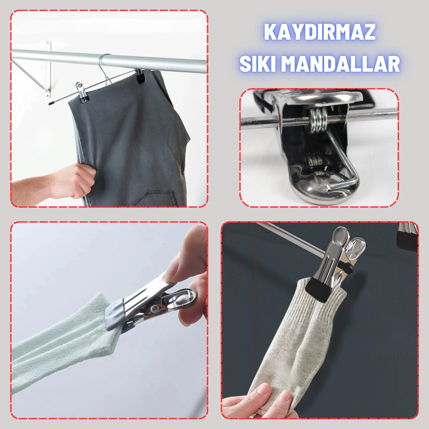 Metal Etek Pantolon Askısı Hareketli Mandallı Paslanmaz Metal Mağaza ve Ev Tipi Elbise Askısı 10 Adet - görsel 4