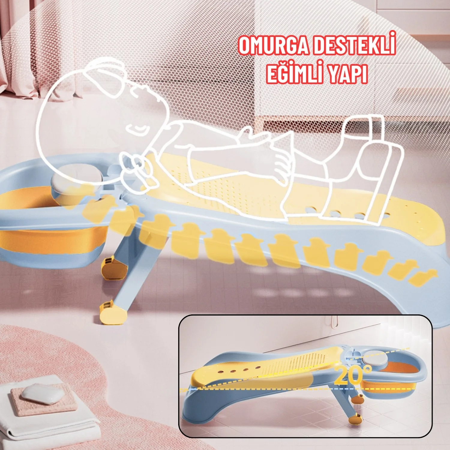 Bebek Banyo Yatağı ve Oturak Yeni Doğan Uyumlu Katlanır Küvet Aparatı Alt Değiştirme ve Mama Sehpası - görsel 3